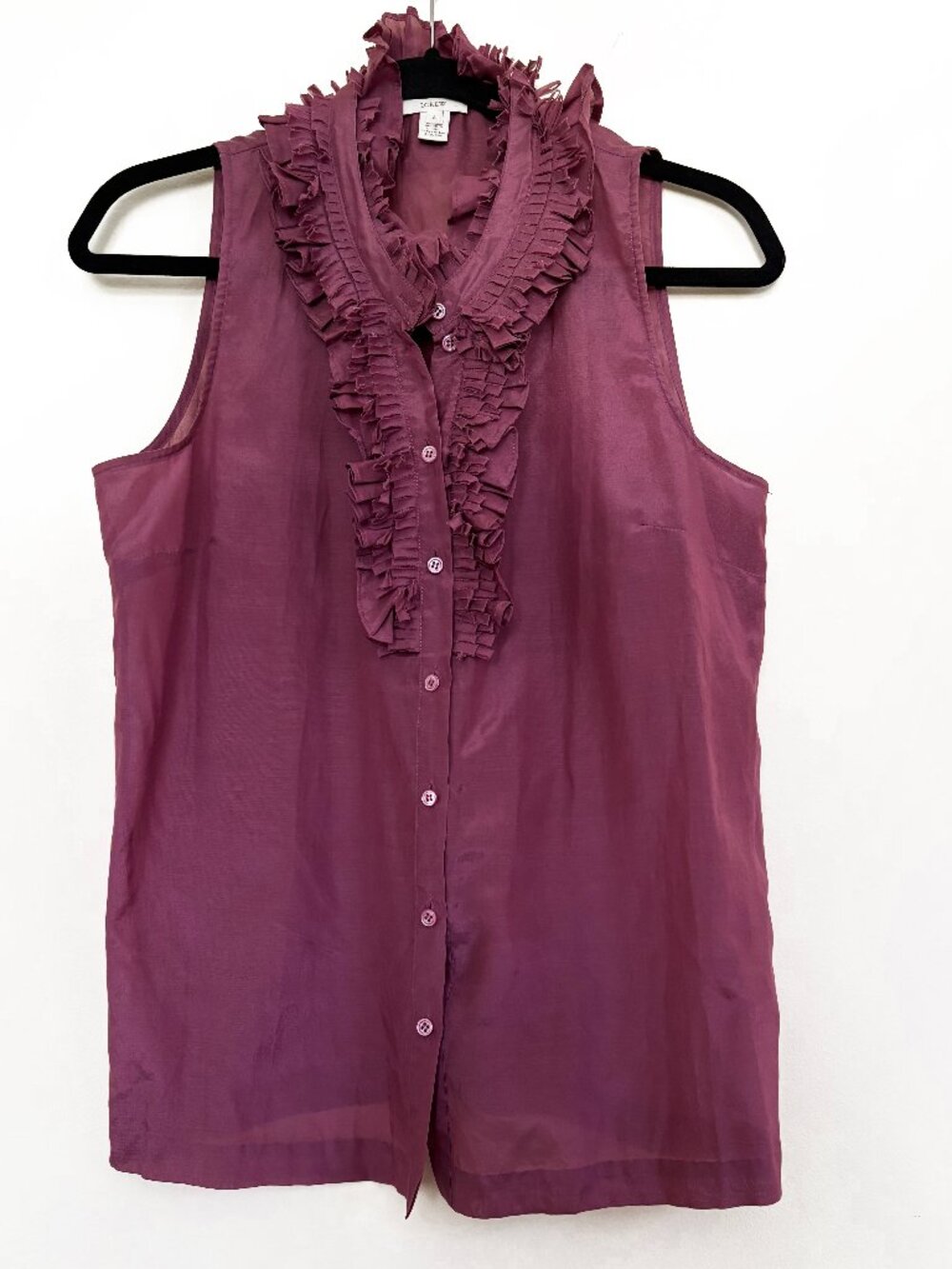 J Crew Women's Blouse Size 8 Purple Plum Sleeveless Silk‎ Blend Ruffle Blouse